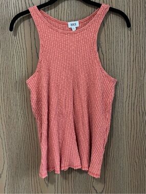 Medium BKE Coral Orange Ribbed High-Neck Cotton Blend Tank Raw Hemline Textured